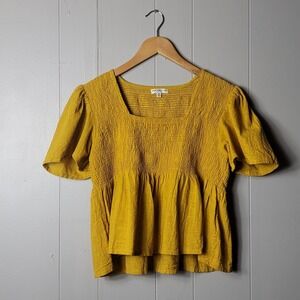 EARTHBOUND TRADING CO. MUSTARD YELLOW BOHO SMOCKED FLOWY TOP WOMENS SIZE MEDIUM